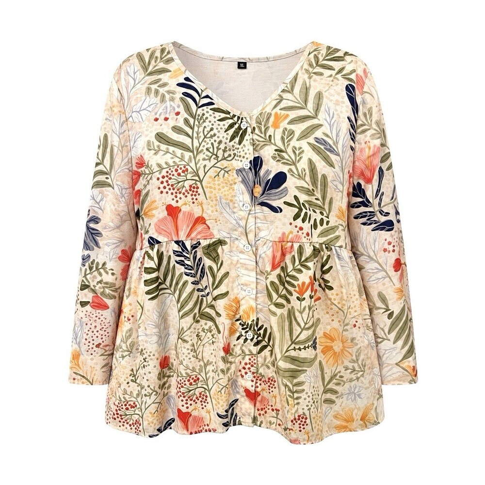 Women’s XL Floral Peplum Blouse Botanical Cottagecore Boho 3/4 Sleeve Top